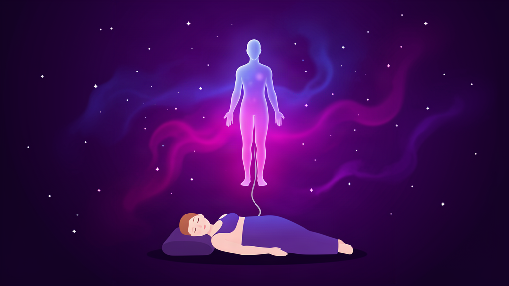 A glowing translucent figure floating above its sleeping body on a dark purple cosmic background, connected by a luminous silver cord.